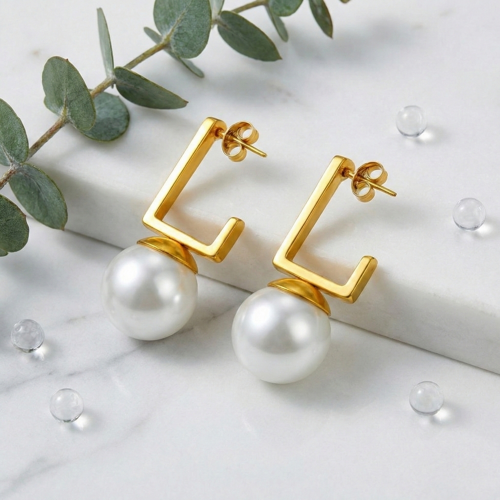 18k Gold Plated Steel Pearl Drop Earrings Geometric Rectangle C-Hoop Modern Stud 35$